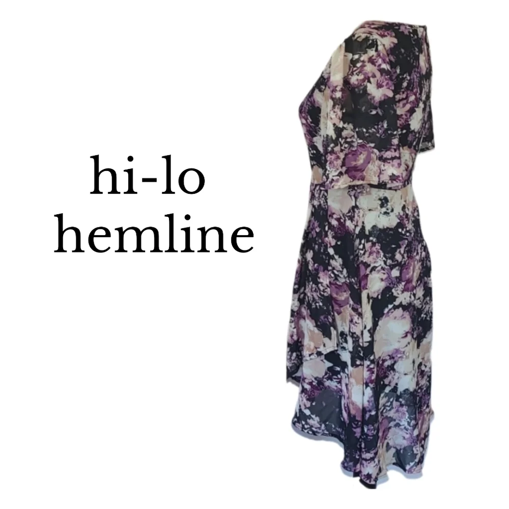 Retro Purple Black Cream Floral Print Short Sleeve Dress - Picture 3 of 5